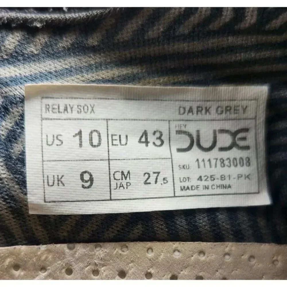 Mens 10 Hey Dude Relay Sox Dark Grey Casual Lace Up Low Comfort Sneakers Shoes